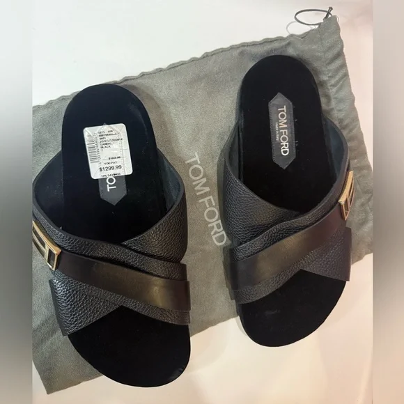 Tom Ford Black Slide Sandals with Gold Buckle